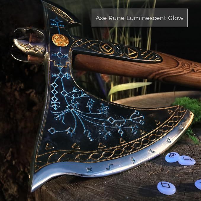 AncientSmithy Leviathan Axe Metal Replica with Glow-in-The-Dark-Runes - Hardened High Carbon Steel Blade - Leather Sheath - Hand Carved Handle