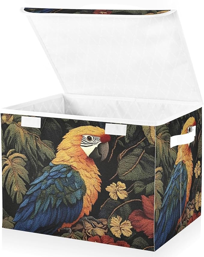 Storage Cube with Lid Jungle Parrot Print 16.5×12.6×11.8 IN Collapsible Large Capacity Foldable Storage Basket Bin Organizer