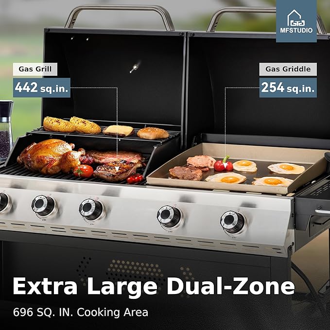 MFSTUDIO 5 Burner Gas Grill Griddle Combo with Porcelain-Enameled Cast Iron GratesCutting Board and Double Lids Duel-Function Propane BBQ Grills with Flat Top Grddle for Outdoor Barbecue Cooking