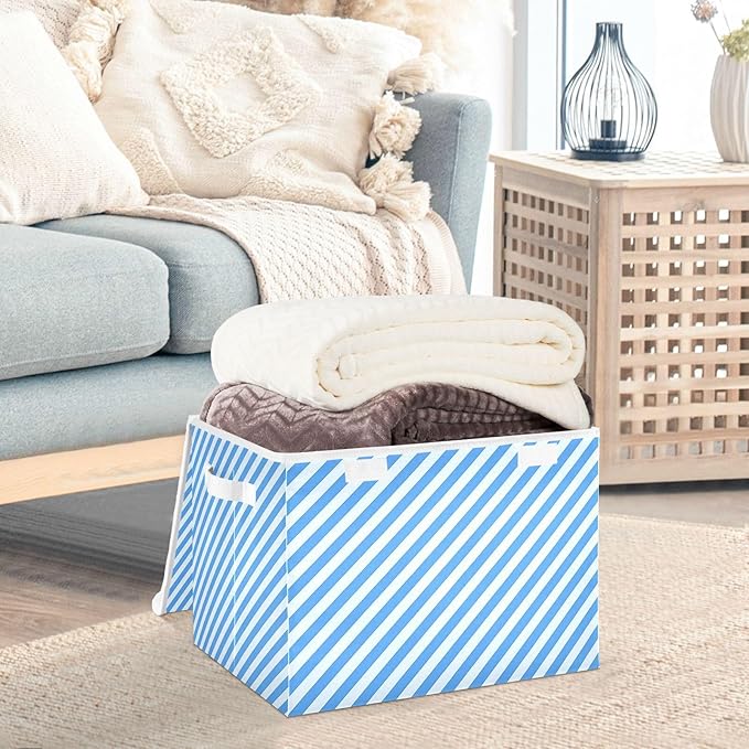 Collapsible Storage Bins with Lids Decorative Fabric Storage Cubes Closet Organizer and Storage Basket Boxes Containers for Clothes Box Chest Nursery Folding Rectangle Blue Stripes