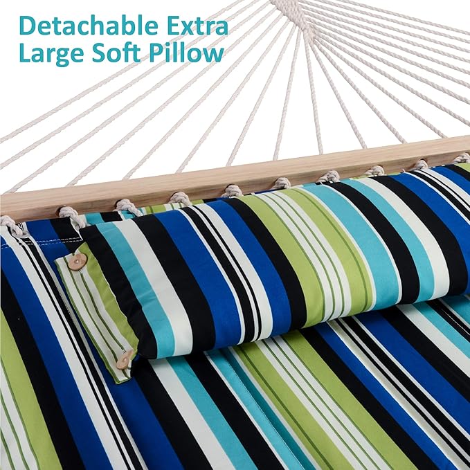 SUNCREAT Hammock with Stand 2 Person Heavy Duty Freestanding Hammock with Spreader Bar Soft Pillow Green Stripes
