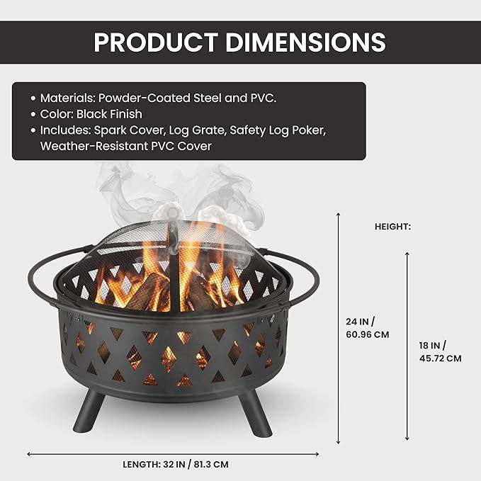 Fire Pit - 32-Inch Outdoor Wood Burning Firepit with Screen Poker and Cover - Outdoor Fire Pits for Backyard Deck or Patio by Pure Garden (Black)