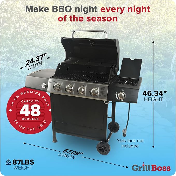 Grill Boss 4 Burner Propane Gas BBQ Portable w/ Lid Wheels &amp Side Shelves Black - Grilling Accessories and Equipment for Camping Tailgating Outdoor Barbecue and Cooking