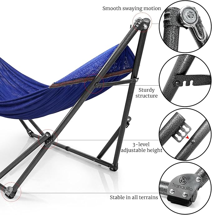 Tranquillo Universal Hammock 600 lbs Capacity Instant 20s Foldable Hammock Stand 3-Year Warranty Hammock with Stand 2 Person Camping Hammock Revolutionary Portable No Screws Premium Blue