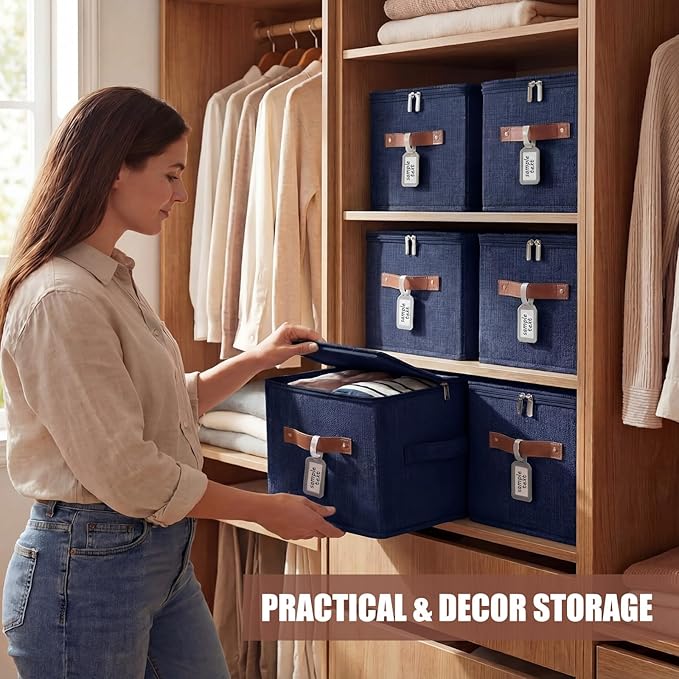 6 Pack Fabric Closet Storage Bins with Zipper Lids and Label 10×8×7In Large Size Foldable Cotton Linen Storage Cubes Boxes with PU Leather Handles Holders for Bedroom Nursery Dark Blue