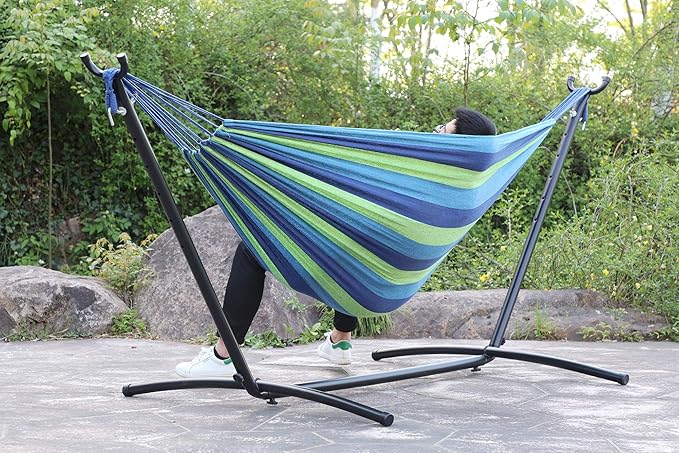 9Ft Portable Solid Steel Heavy Duty Stand Hammock with Carrying Case 2 Person Large Durable and Stable Best Hammock Stands for Indoor or Outdoor Backyard Decor Bed Patio Lawn Garde - Blue 300 Lb