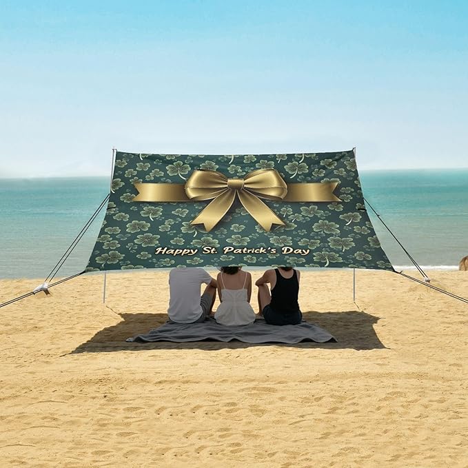 St Patrick's Day Bow Beach Tent Sun Shelter Set UPF50+ UV Protection 10.5 x 9.19 FT Camping Shade Canopy with Sandbags Sand Anchors Carrying Bag and Others