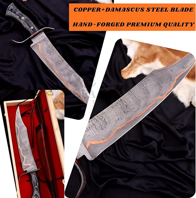 Handmade Copper Damascus Bowie Knife | San Mai Hunting Knife | Micarta Handle SurvivalBushcraft knives-Ideal for CampingSkinning Outdoor (QC-301)