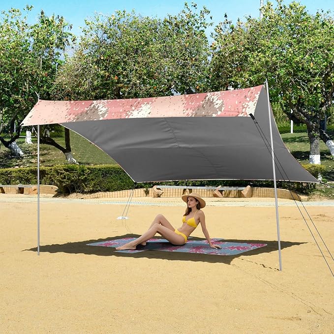 xigua Textured Pattern Beach Tent Sun Shelter with Carrying Bag - Silver Coated Oxford Fabric Beach Canopy for Beach Camping Fishing - Includes Windproof Ropes Sandbags &amp Stakes