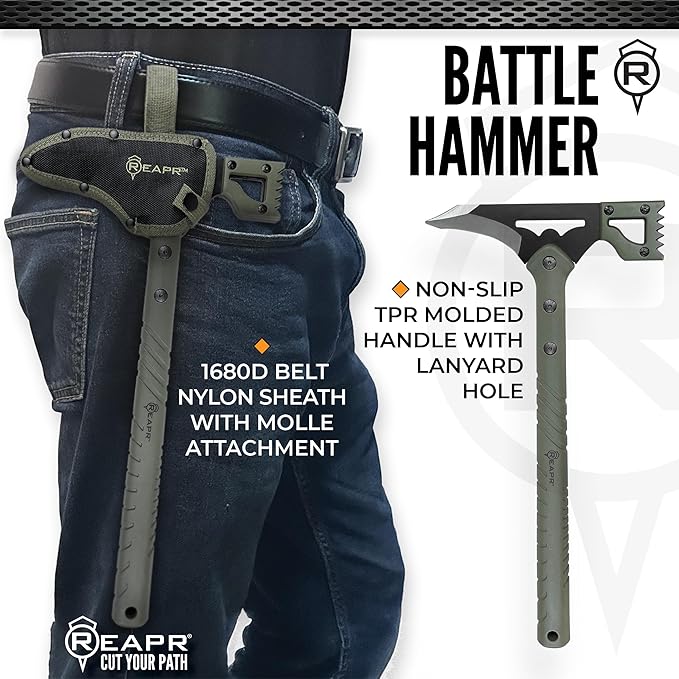 REAPR Battle Hammer – 15¾″ Fixed‑Head Hammer Axe with 3¼″ Cutting Blade Spike End &amp Nylon Handle with MOLLE-Compatible Sheath Ideal Demolition &amp Tactical Use