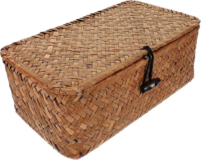 Rattan Basket with Lid Seagrass Baskets with Lid Flat Rattan Storage Bins with Button for Shelf Closet Bedroom