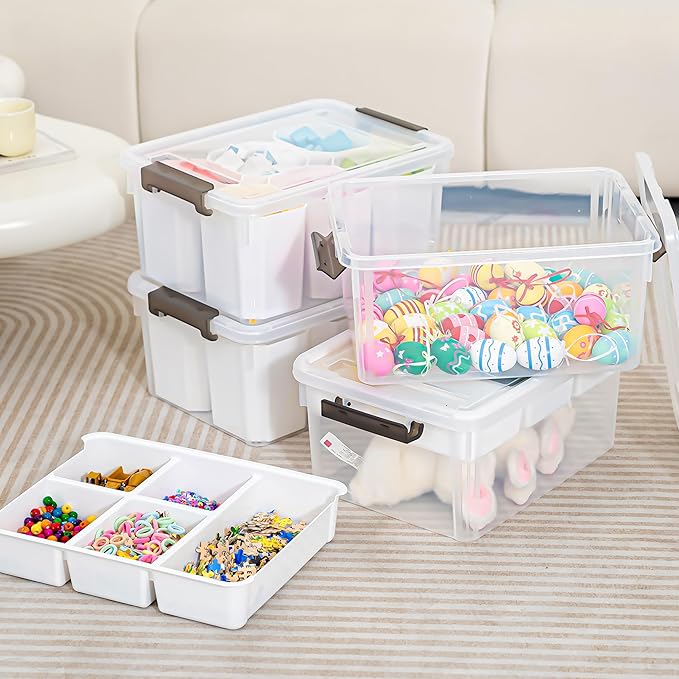 Citylife 17 QT Plastic Storage Box with Removable Tray and 6 Detachable Tall Inserts Craft Organizers and Storage Clear Storage Container for Organizing Crayon Craft Sewing Playdoh 4 Packs