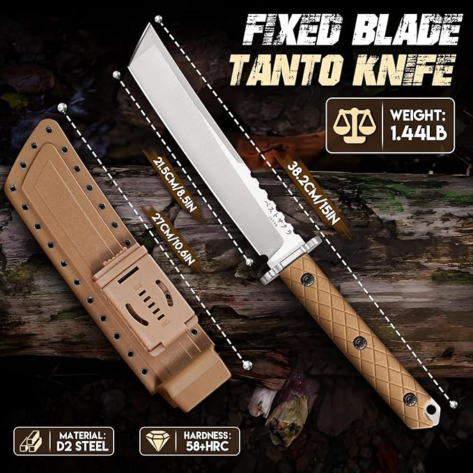 Purple Dragon Japanese Tanto Knife - D2 Steel Fixed Blade Knife with Sheath Cool Survival Knives with Full Tang Handle Bushcraft Knives for Outdoor Camping Gifts for Men