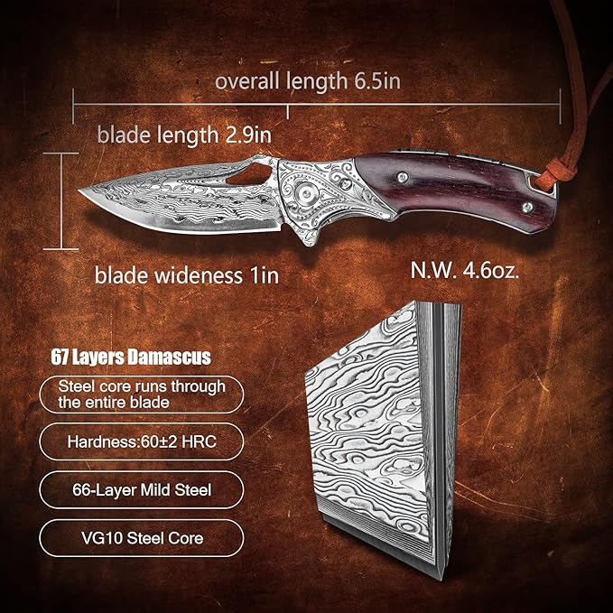 Handmade Damascus Steel Flipper Folding Knife with Pocket Clip Liner Lock Tactical Knife for Camping Hunting Fishing and EDC