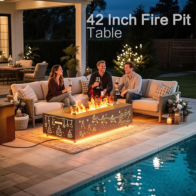 42 Outdoor Fire Pit Table 50000 BTU Gas Fire Pit with Glass Wind Guard Fire Stones Waterproof Cover Propane Fire Pit Table for Outside Patio Hollow-Out (Elk Brown)