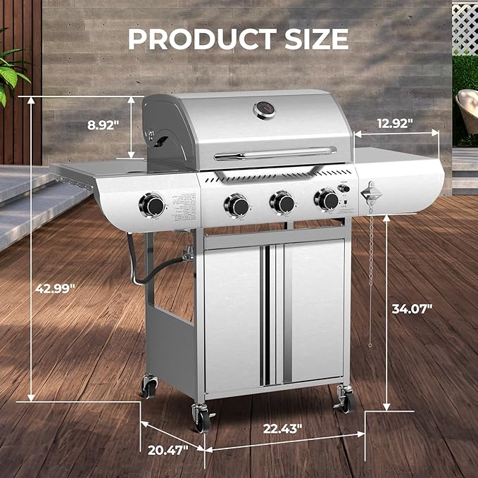 Electactic 3-Burner Propane Gas Grill with Side Burner – 34000 BTU Stainless Steel Outdoor BBQ Grill Cast Iron Grates Portable with Wheels for Patio Camping