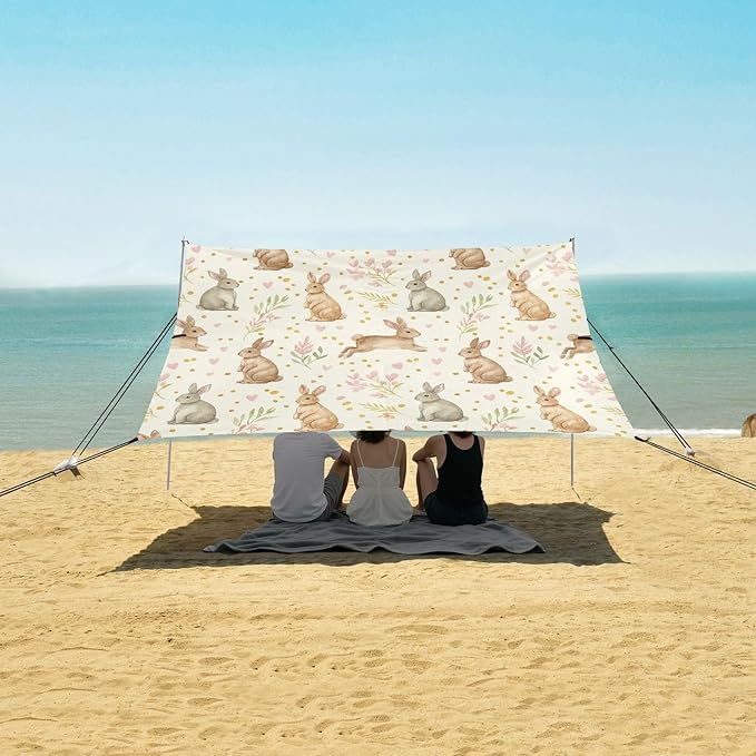 xigua Easter Bunny Beach Tent Sun Shelter with Carrying Bag - Silver Coated Oxford Fabric Beach Canopy for Beach Camping Fishing - Includes Windproof Ropes Sandbags &amp Stakes
