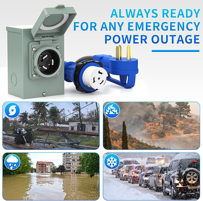 BEBOBLY 50 Amp Power Inlet Box and 15FT Generator Cord 125V/250V Emergency Power Combo Kit NEMA 3R Generator Plug NEMA14-50P/SS2-50R RV Power Extension Cord Twist Lock Grip Handle