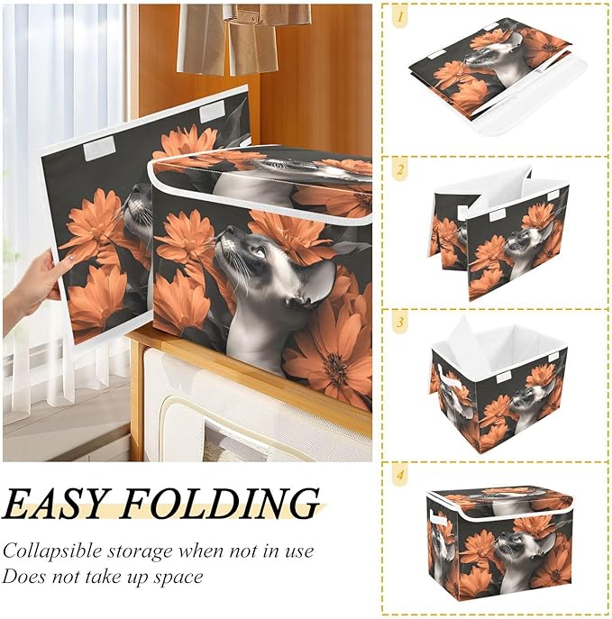 AIXIWAWA Lidded Storage Cube (Floral Cats) Fabric Foldable Closet Bins with Flip Lid and Handles Organizer Basket Container 16.5 x 12.6 x 11.8 IN
