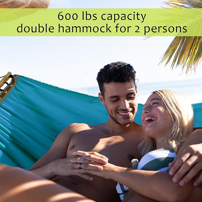 Tranquillo Double Hammock 2 Persons Cotton Canvas 600 lbs Portable Camping Hammock with Solid Wood Spreader Bar Hammock for Camping Portable Relaxation Gear for Camping Patio Garden Blue