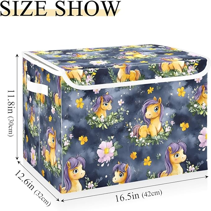 Storage Cube with Lid Cute Horses Print 16.5×12.6×11.8 IN 1 Pack Collapsible Large Capacity Foldable Storage Basket Bin Organizer