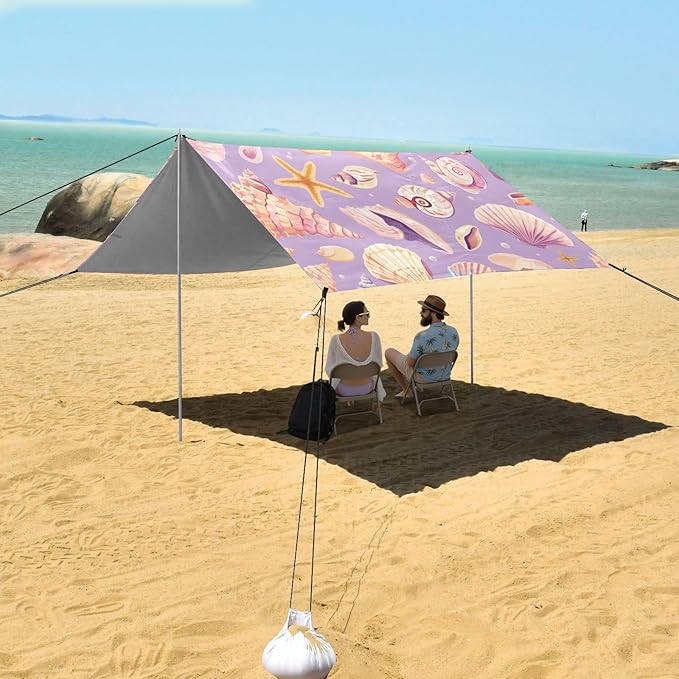 Seashells Different Shapes and Starfish Lilac Foldable Beach Canopy UPF50+ Protection Lightweight Large Sun Shelter with Carrying Bag for Camping Picnics Backyard