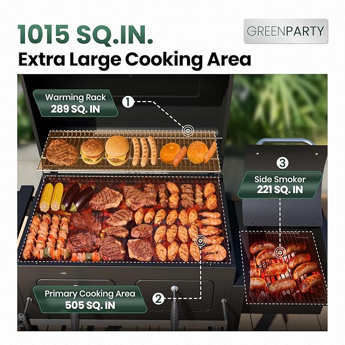 30 Inch Barrel Charcoal Grill and Offset Smoker 1015 sq. in. Cooking Area Outdoor BBQ Grill Perfect for Outdoor Cooking Barbecue Patio Garden Backyard Party