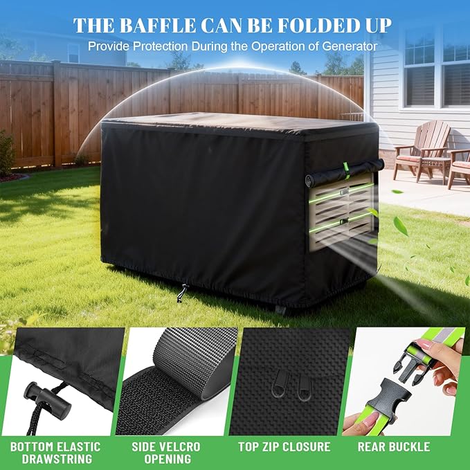Generator Cover Fits for Generac 7043 22 kw Home Standby Generator Covers 600D Oxford Waterproof Dust-proof and UV-Resistant Cover with Fluorescent Green Buckle