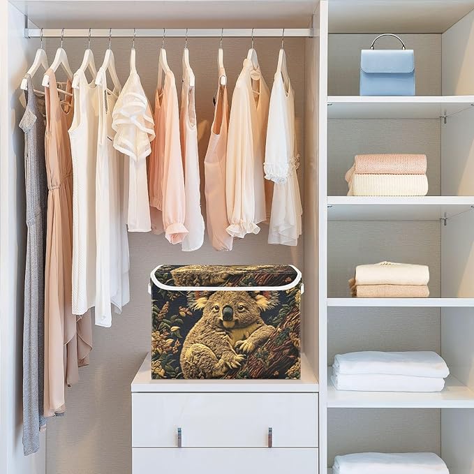 Forest Koala Storage Cube Bins Basket with Lid Collapsible Flip-top Fabric with Handle for Home Bedroom Closet Office 16.5×12.6×11.8 in