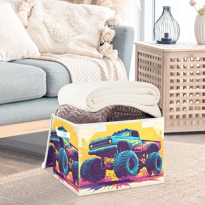 AIXIWAWA Lidded Storage Cube (Cartoon Monster Truck) Fabric Foldable Closet Bins with Flip Lid and Handles Organizer Basket Container 16.5 x 12.6 x 11.8 IN