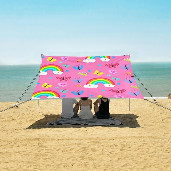 xigua Butterflies Beach Tent Sun Shelter with Carrying Bag - Silver Coated Oxford Fabric Beach Canopy for Beach Camping Fishing - Includes Windproof Ropes Sandbags &amp Stakes