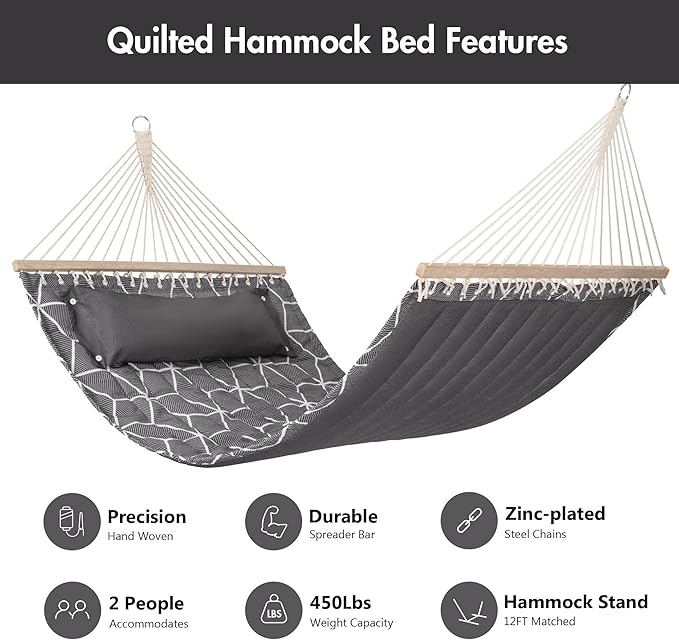 ANOW Outdoor Hammock with Spreader Bars and Detachable Pillow 2 Person Hammock 450 LBS Weight Capacity Gray Cube