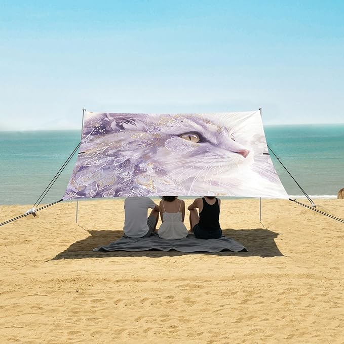 ALAZA White Cat Feathers Gold Edge Beach Tent Sun Shelter Portable Canopy Sunshade for Outdoor Camping Picnics Backyard Fun 10x9 ft