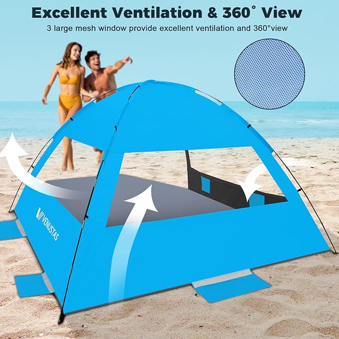 Venustas Beach Tent Sun Shelter for 3/4/6/8 Person UPF 50+ UV Protection Beach Canopy Lightweight and Easy Setup Cabana Portable Shade Tent