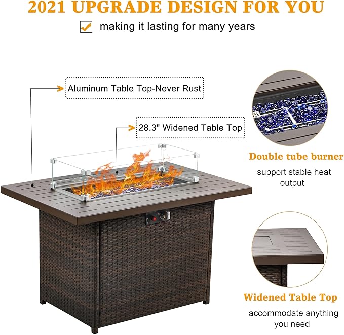LayinSun 44 Propane Gas Fire Pit Table 55000 BTU Rectangular Fire Pit with Glass Wind Guard for Outside Patio Deck Garden Backyard Brown-Aluminum Top