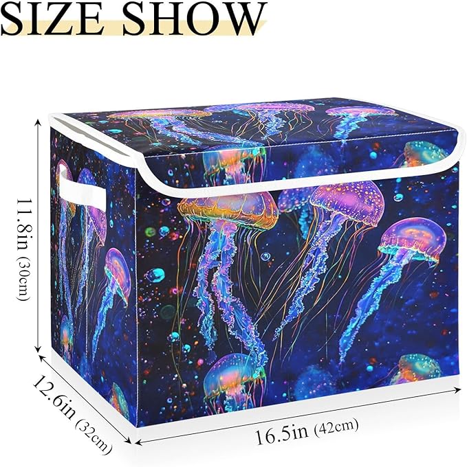 Ocean Jellyfishes Bubbles and Starfishes Collapsible Storage Bins with Lids Decorative Fabric Cubes Closet Organizer Basket Boxes Containers for Clothes Box Chest Folding Rec