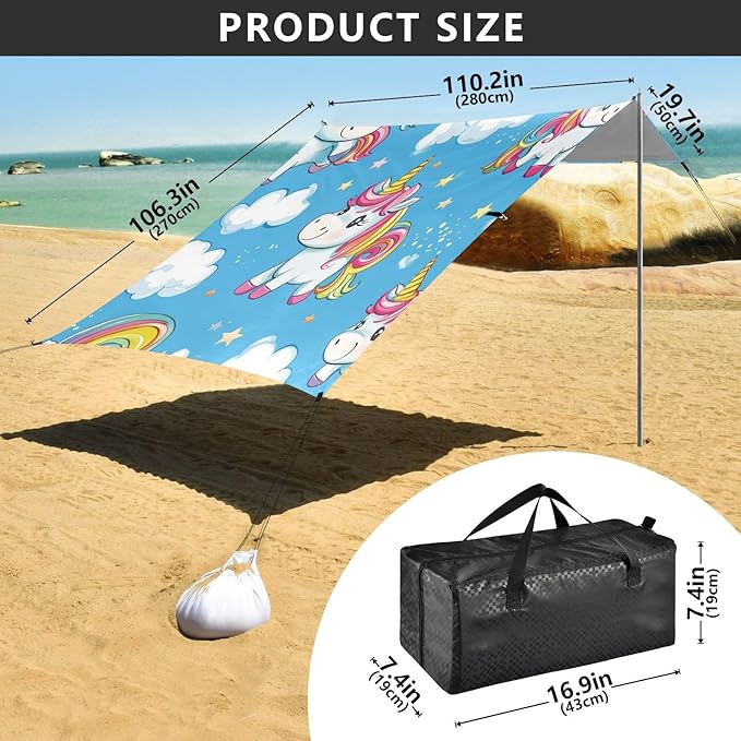 ALAZA Cute Rainbow Unicorns Cartoon Beach Tent Sun Shelter UPF50+ Protection Beach Shade Canopy w/ 4 Sandbags for Outdoor Camping Fishing Backyard Fun Picnic 10x9 ft