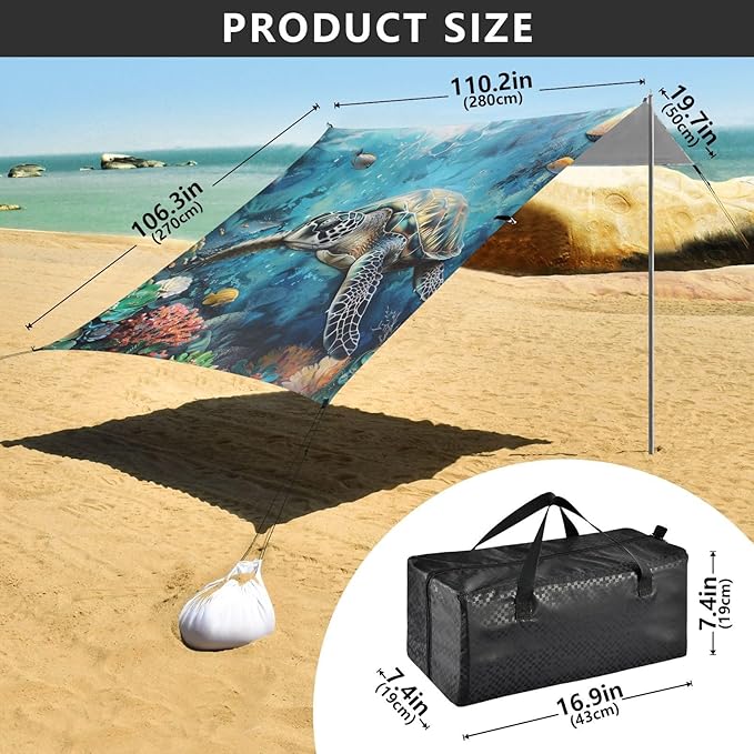 ALAZA Ocean Sea Turtle Fish Beach Tent Sun Shelter Portable Canopy Sunshade for Outdoor Camping Picnics Backyard Fun 10x9 ft