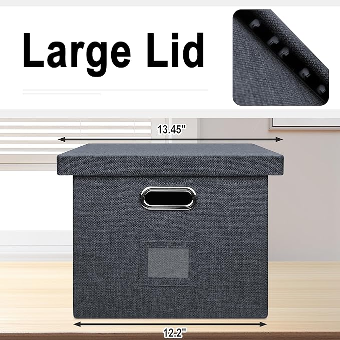 Graciadeco 4-Pack Modern Minimalist Dark Gray Collapsible Linen File Folder Box with Lid for Letter Size Hanging Files Office Organization General Storage