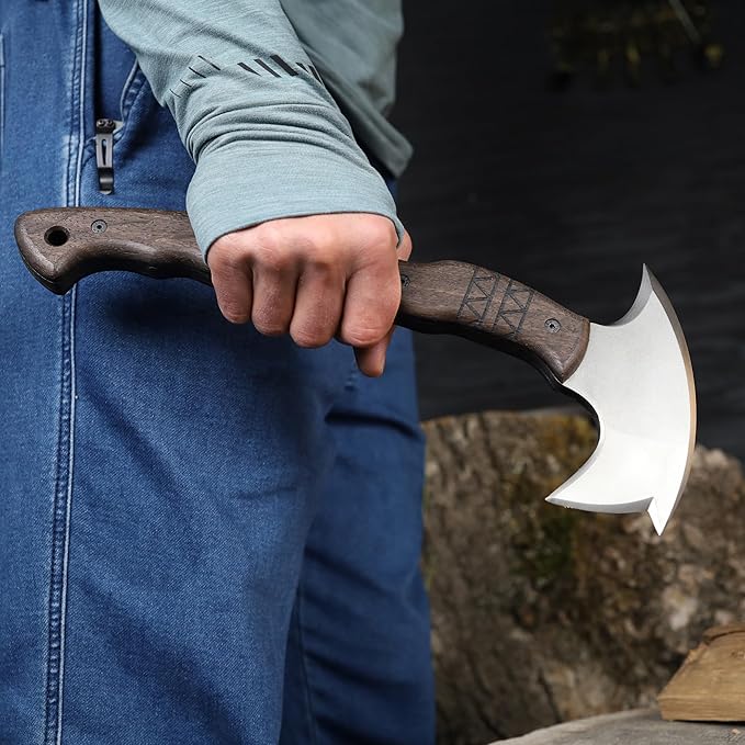 AncientSmithy Tomahawk Axe - Handmade Tactical Tomahawk Hatchet - Full Tang Combat Axe for Military Camping and Outdoor Activities (Three Spikes Oak Handle Kydex Sheath)