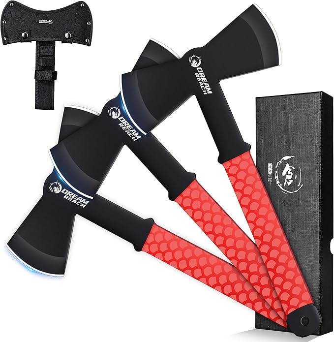 Dream Reach 6-Pack Throwing Game Set Including Safe Full Tang 3 PCS Throwing Axes and 3 PCS Throwing Knives with TPR Rubber Sleeve and Protective Sheaths for Recreation and Competition