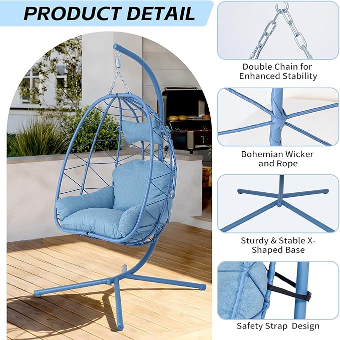 Hanging Egg Chair with Stand Outdoor Indoor Patio Rattan Swing Hammock Chairs with Washable Cushion PE Wicker Swing Chair for Backyard Bedroom Garden (Blue + Blue Cushion No Footrest)