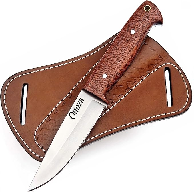 Ottoza Full Tang Bushcraft Knife with 1095 Carbon Steel Fixed Blade - Survival and Outdoor Camping Knife - Ballad Wood Handle Brown Leather Sheath 404
