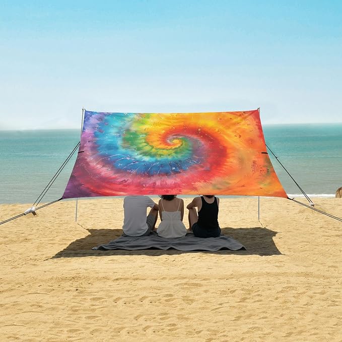 ALAZA Swirl Tie Dye Beach Tent Sun Shelter UPF50+ Protection Beach Shade Canopy w/ 4 Sandbags for Outdoor Camping Fishing Backyard Fun Picnic 10x9 ft