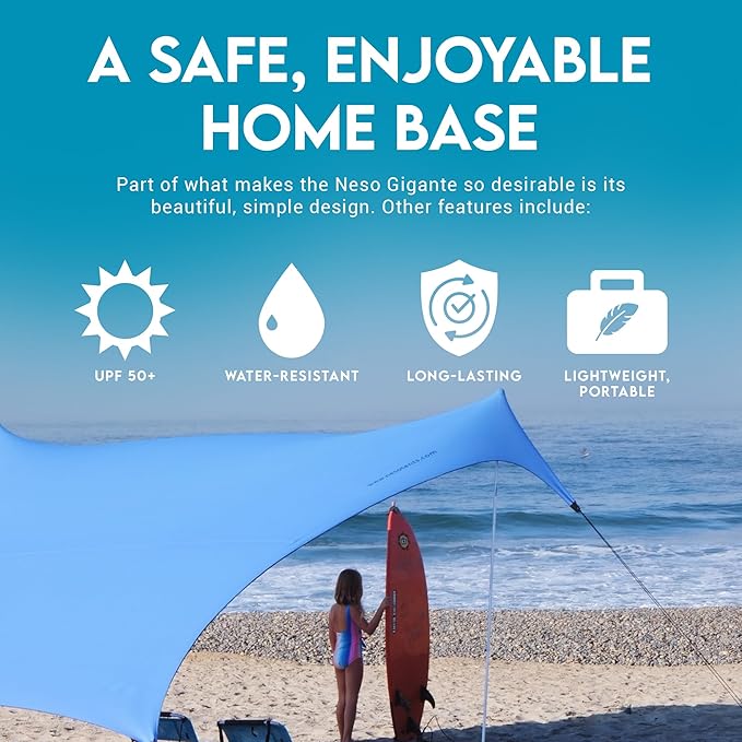 Neso Gigante Portable Beach Tent Sun Shelter - Lightweight Beach Shade Canopy - Easy Setup for Family Outings - Patented Reinforced Corners - UPF 50+ - 8ft Tall 11 x 11ft - Periwinkle Blue