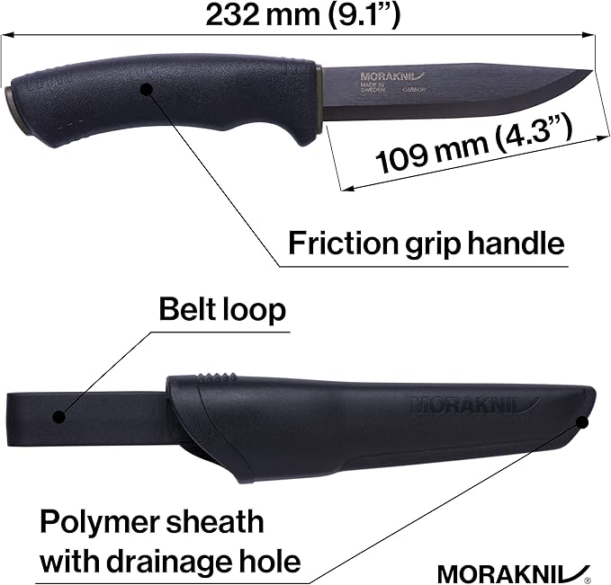 Morakniv Carbon Steel Fixed-Blade Bushcraft Knife with Sheath Black 4.3 Inch