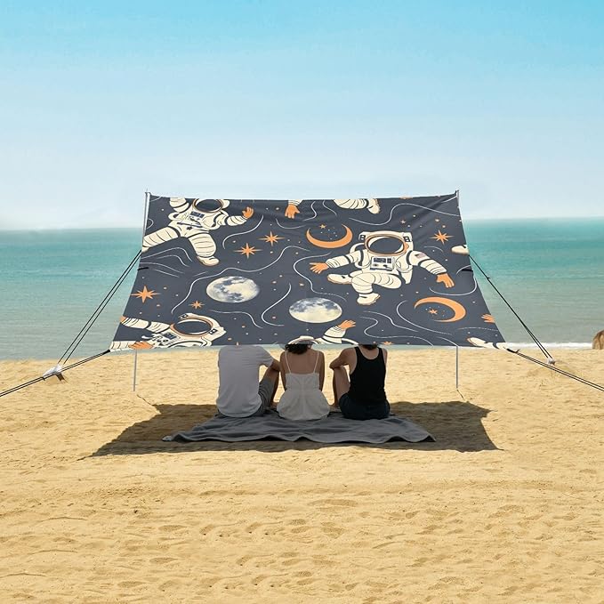 ALAZA Astronaut Moon Stars Pop Art Beach Tent Sun Shelter UPF50+ Protection Beach Shade Canopy w/ 4 Sandbags for Outdoor Camping Fishing Backyard Fun Picnic 10x9 ft