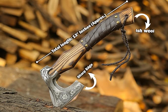 13” Inch Hand-Forged Viking Axe- Ash Wood Handle Hatchets and Axes with Leather Wrap Wood Splitting Axe Camping Axe Throwing Axes and Tomahawks - Gift for Him (Valknut)