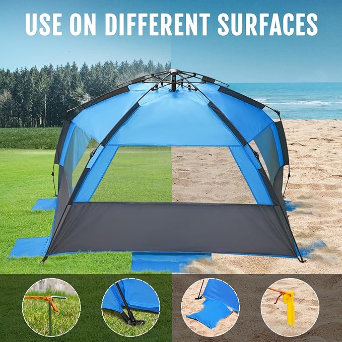 WhiteFang Deluxe Pop Up Beach Tent Sun Shade Shelter for 3-4/5-6 Person UV Protection Extendable Floor with 3 Ventilating Windows Plus Carrying Bag Stakes and Guy Lines