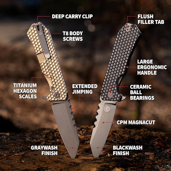 Off-Grid Knives - MAMBA V3 Large EDC Knife with MagnaCut Blade Steel Titanium Scales and Hardware Manual Ball Bearing Flipper Four Finger Grip Deep Pocket Carry (Blackout)